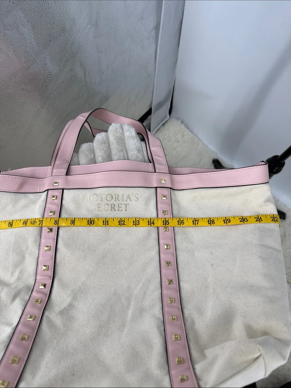 Victoria's Secret Cream Canvas Tote with Pink Trim & Studs